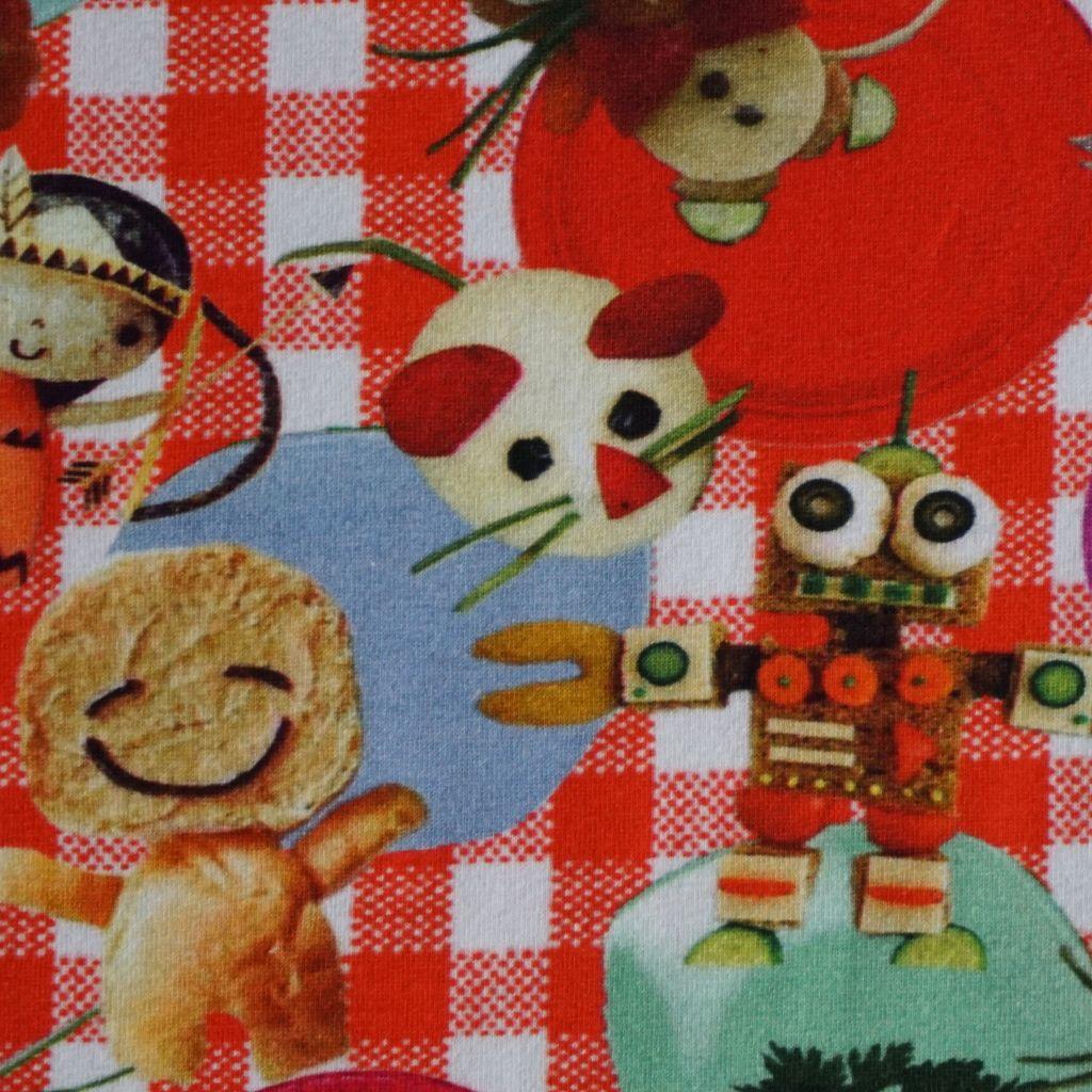 Preview: Baumwolljersey Trash-Picknick Gemüsetiere Karo rot weiß
